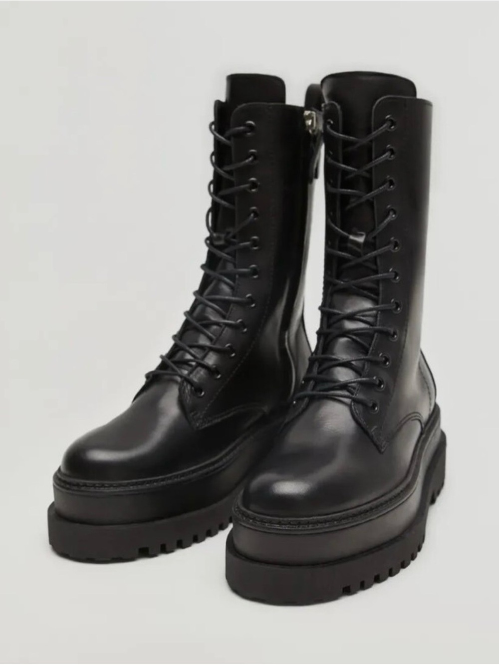 MANGO Black Lace-Up Platform Leather Boots